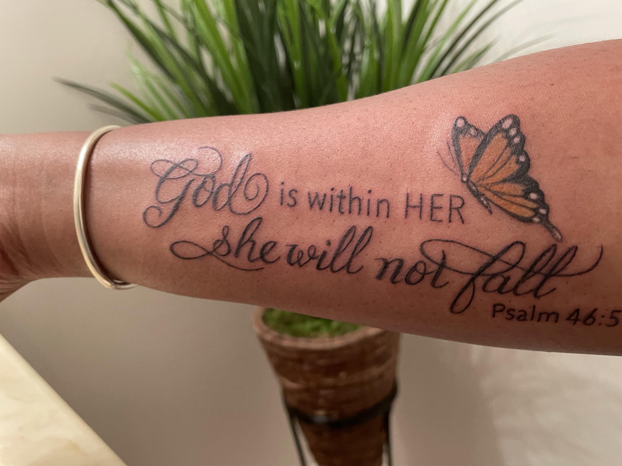 Crystal Dawn Tattoos   Bible Verse Spine Tattoo  God is within her  she will not fall Psalms 465 This placement was so cool for this tattoo  Send me a message